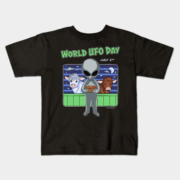 World UFO Day cute alien with cake and cows Kids T-Shirt by VioletAndOberon